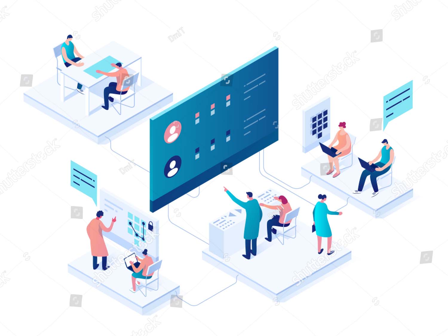 isometric illustration of data researchers working together