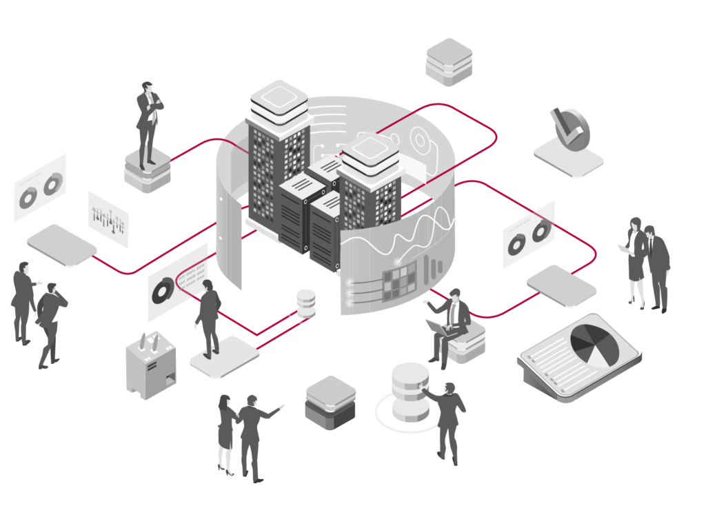 Isometric business environment illustrating a flow and demonstratoin